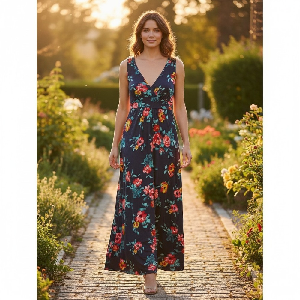 NWT Loveappella Navy Coral Floral Knit Maxi Dress Sleeveless Jersey Comfort $78